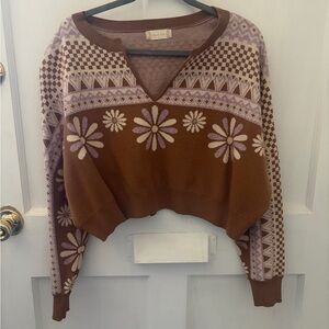 Altar'd State Brown & Lavender Floral V-Neck Pullover